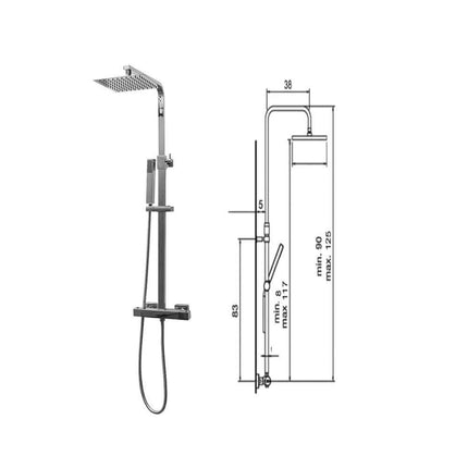 Schema tecnico colonna doccia con soffione quadrato, misure complete, altezza max 125cm