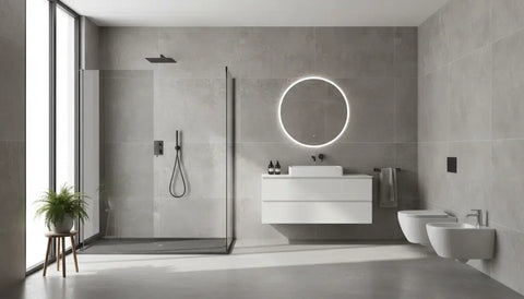 Bagno moderno con doccia walk-in e piatto doccia in mineralmarmo antracite a filo pavimento
