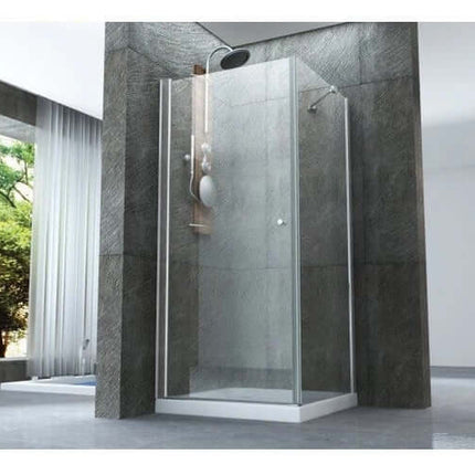 Box doccia angolare Venus anta battente e lato fisso cristallo 8mm H195 in bagno moderno con pietra e finestra