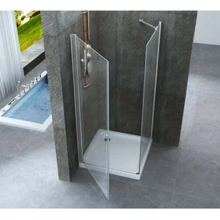 Box doccia angolare Venus con anta battente totale aperta cristallo 8mm H195 ambientato in bagno con pietra grigia