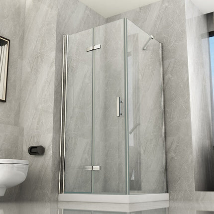 Box doccia angolare Cancer lato fisso e anta a libro cristallo 8mm H195 in bagno con marmo e vasca ovale