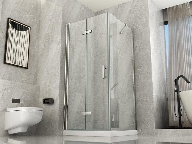 Box doccia angolare Cancer lato fisso e anta a libro cristallo 8mm H195 in bagno con marmo e vasca ovale