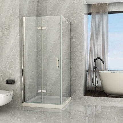 Box doccia angolare Cancer cristallo 8mm H195 vista frontale in bagno moderno con finestra e vasca freestanding