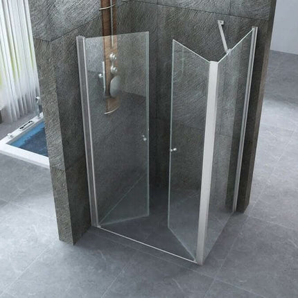 Box doccia angolare Nova 2.0 con ante saloon aperte cristallo 8mm H195 ambientato in bagno con pietra grigia