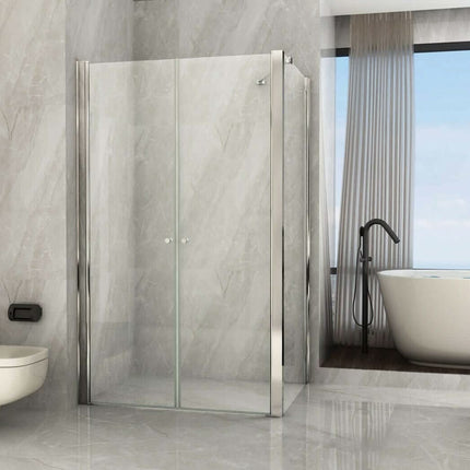 Box doccia angolare Nova 2.0 porta saloon cristallo 8mm H195 vista frontale in bagno con marmo e vasca
