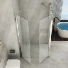 Box doccia angolare Nova 2.0 porta saloon a due ante aperte cristallo 8mm H195, profili cromati bagno marmo con vasca