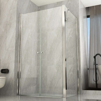 Box doccia angolare Nova 2.0 porta saloon cristallo 8mm H195 in bagno moderno con vasca ovale e finestra