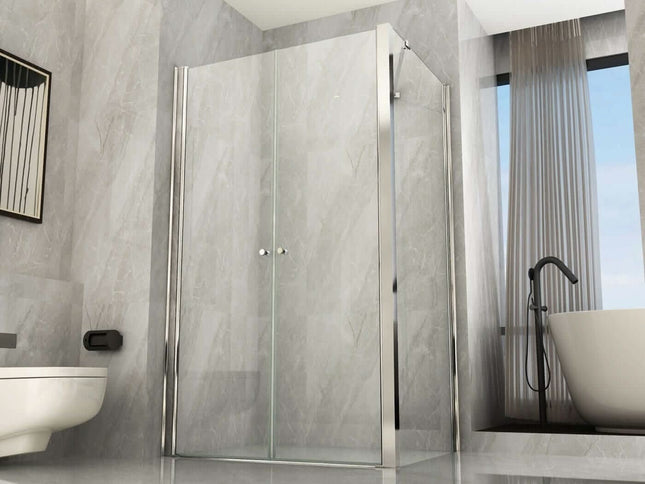 Box doccia angolare Nova 2.0 porta saloon cristallo 8mm H195 in bagno moderno con vasca ovale e finestra