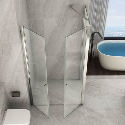 Box doccia angolare Nova 2.0 ante saloon aperte cristallo 8mm H195 ambientato in bagno con vasca e finestra