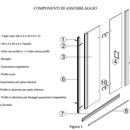 Schema tecnico componenti di assemblaggio box doccia a libro: cerniere, maniglie, profilo muro e guarnizioni