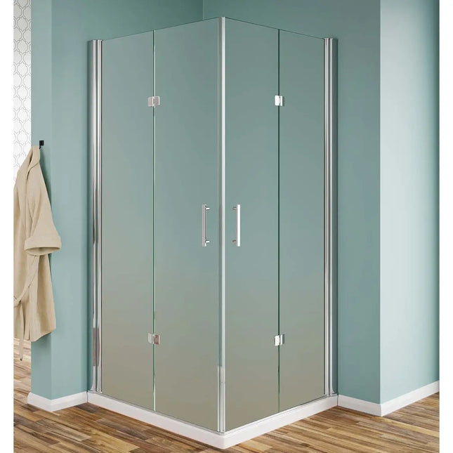 Box doccia angolare anta a libro cristallo opaco 6mm H190, profili cromati, 4 pannelli satinati in bagno moderno