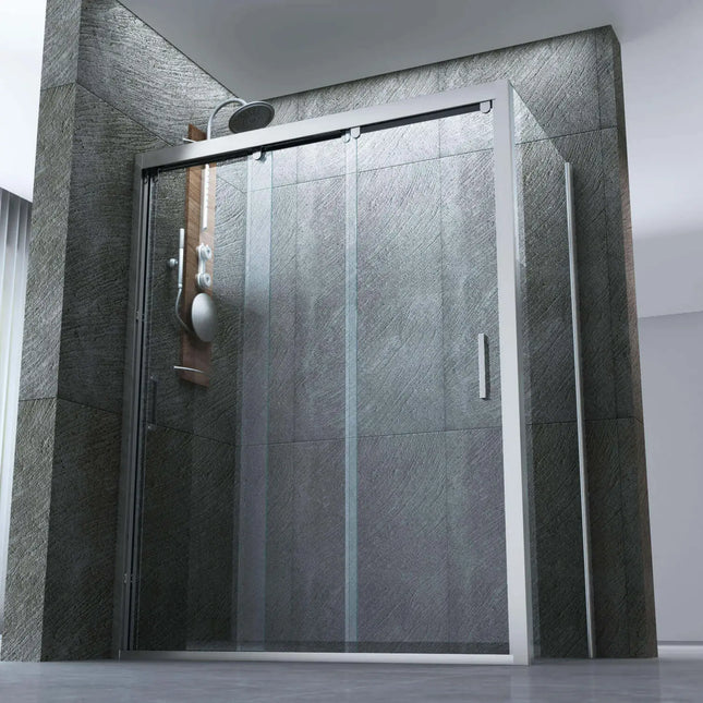 Box doccia angolare a 3 ante scorrevoli e lato fisso cristallo 8mm trasparente H195, profili cromati bagno pietra