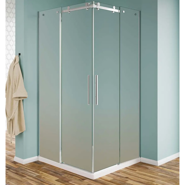 Box doccia angolare doppia scorrevole cristallo opaco 8mm H190, profili e binario acciaio inox, design moderno