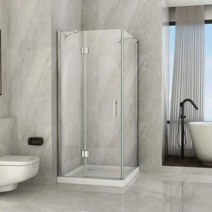 Box doccia angolare Aries 2.0 anta battente e lato fisso cristallo 8mm H195 in bagno marmo con vasca e finestra