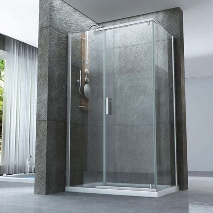 Box doccia angolare Gemini cristallo 8mm H195 vista frontale in bagno moderno con pietra grigia e finestra