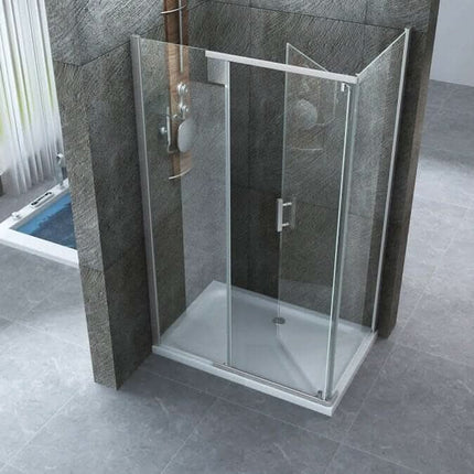 Box doccia angolare Gemini con anta battente aperta cristallo 8mm H195 ambientato in bagno con pietra grigia