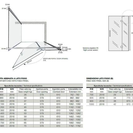 Box doccia battente Infinity 8mm cristallo anticalcare trasparente H200, apertura battente, profili cromati, montaggio angolo