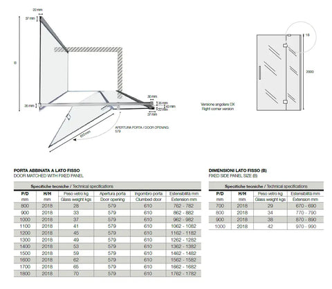 Box doccia battente Infinity 8mm cristallo anticalcare trasparente H200, apertura battente, profili cromati, montaggio angolo