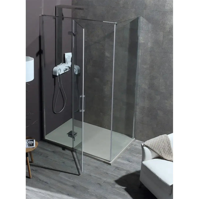 Box doccia battente cristallo anticalcare trasparente 8mm, apertura battente H200cm, profili cromati, modello Infinity