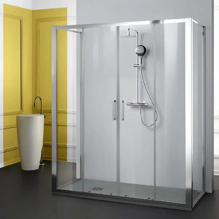 Box doccia cromato cincillà doppia anta apertura centrale, cristallo 6mm satinato H200 anticalcare, profili cromati