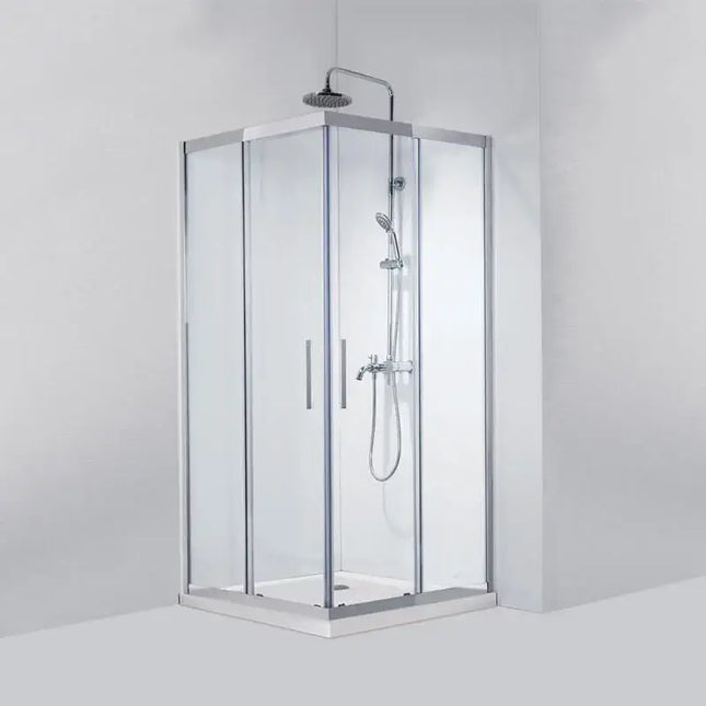 Box doccia angolare scorrevole acciaio inox 8mm H190 con soffione e miscelatore su fondo neutro chiaro