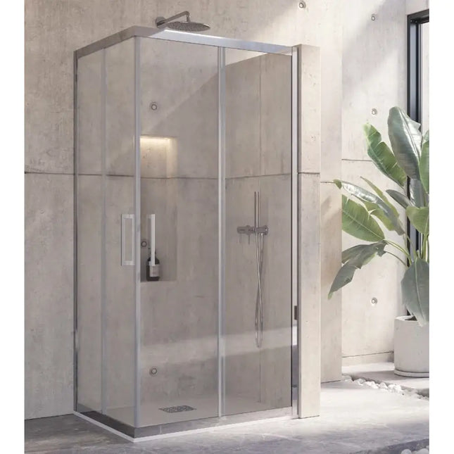 Box doccia angolare doppia scorrevole 8mm anticalcare acciaio inox H190 in bagno con parete in legno chiaro