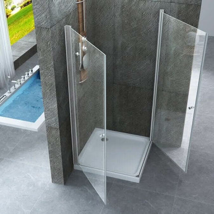 Box doccia angolare Venus con ante battenti aperte cristallo 8mm H195 ambientato in bagno con pietra grigia