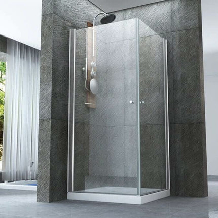 Box doccia angolare Venus due lati ante battenti cristallo 8mm H195 in bagno moderno con pietra grigia e finestra
