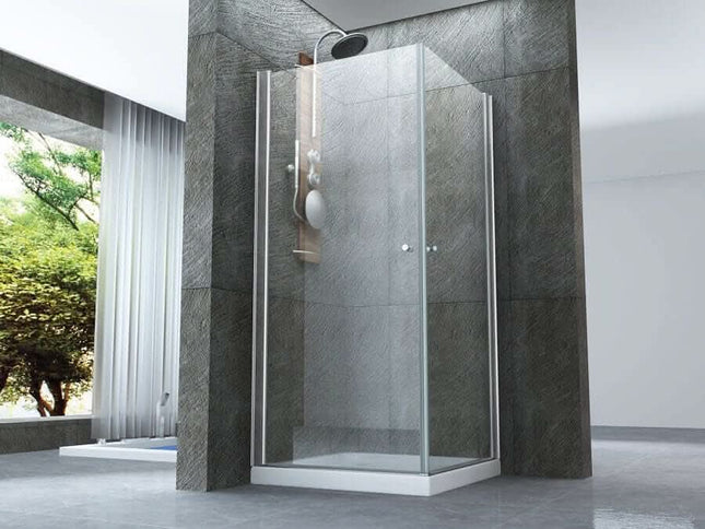 Box doccia angolare Venus due lati ante battenti cristallo 8mm H195 in bagno moderno con pietra grigia e finestra