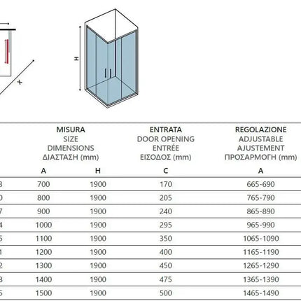 Schema tecnico del box doccia Flora H190 satinato con tabella misure, entrata, regolazione e peso dei cristalli