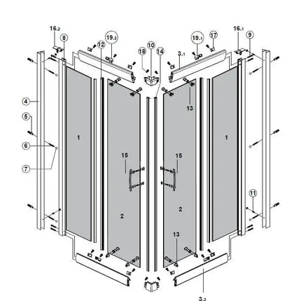 Disegno tecnico quotato con esploso dei profili del box doccia angolare Flora H190 cristallo 6mm satinato