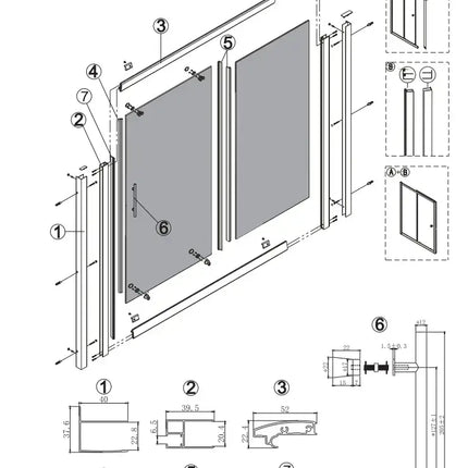 Schema di montaggio numerato del box doccia Flora H190 6mm satine con componenti, viteria e guarnizioni