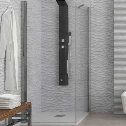 Box doccia angolare con anta battente totale e lato fisso H200cm, colonna doccia nera in bagno moderno