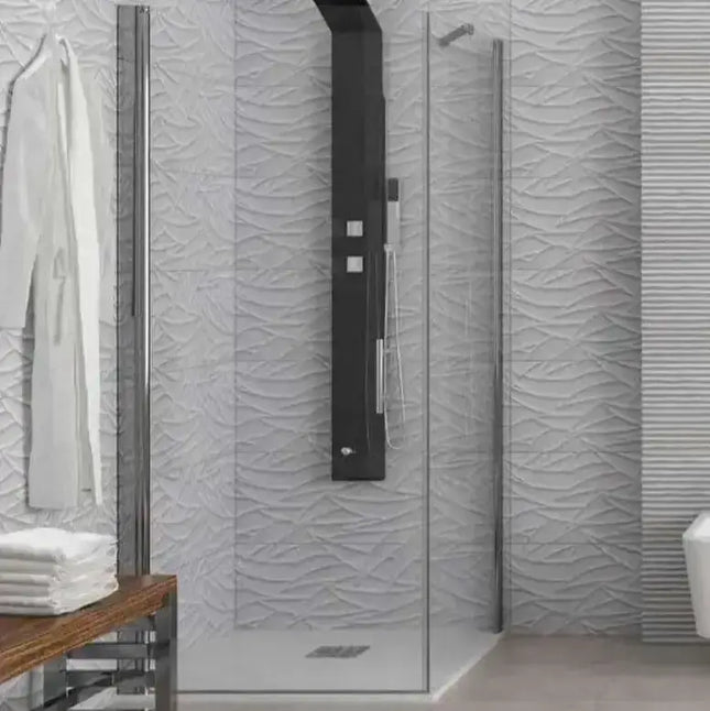 Box doccia angolare con anta battente totale e lato fisso H200cm, colonna doccia nera in bagno moderno
