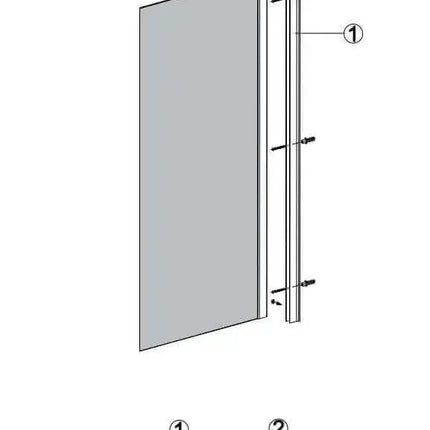 Disegno tecnico del pannello laterale fisso in cristallo del box doccia battente H200cm con staffe di fissaggio
