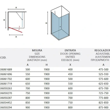 Schema tecnico del box doccia battente con lato fisso H200cm e tabella misure, entrata e regolazione