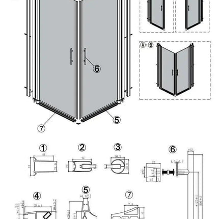 Schema esploso di montaggio del box doccia con anta battente totale e lato fisso H200cm, pezzi numerati