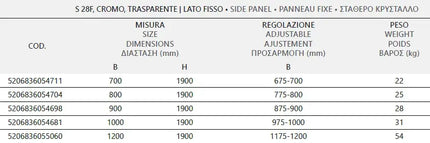Tabella misure, regolazione e peso del lato fisso in cristallo del box doccia battente totale H200cm