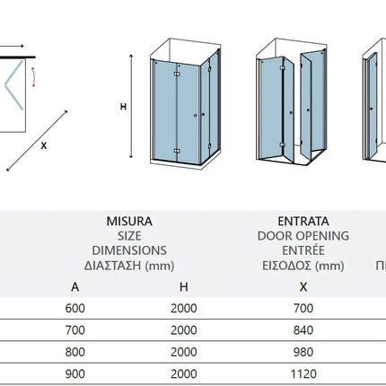 Schema tecnico del box doccia doppia anta a libro profili neri 6mm H200cm con tabella misure e regolazione