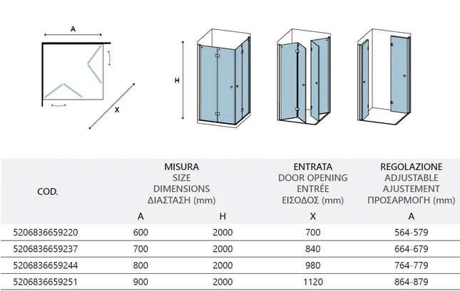 Schema tecnico del box doccia doppia anta a libro profili neri 6mm H200cm con tabella misure e regolazione
