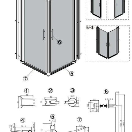 Schema di montaggio del box doccia doppia battente H200cm con componenti numerati e sequenza di installazione