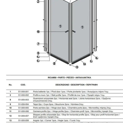 Tabella ricambi e descrizione dei pezzi del box doccia angolare doppia battente apertura totale H200cm