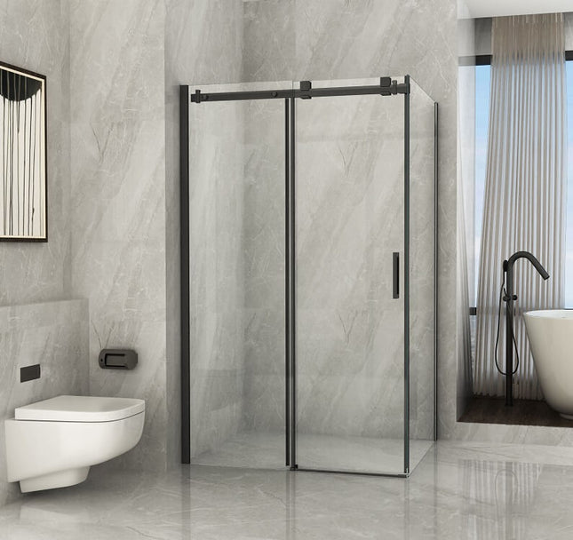 Box doccia angolare Sagittarius Black anta scorrevole e lato fisso cristallo 8mm H195 con profili neri, bagno marmo