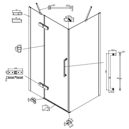 Disegno tecnico assonometrico quotato del box doccia angolare battente 8mm H200cm con misure di ingombro