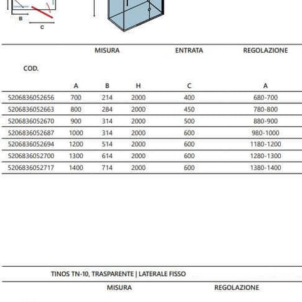 Tabella misure, entrata e regolazione del box doccia angolare battente 8mm anticalcare H200cm con lato fisso