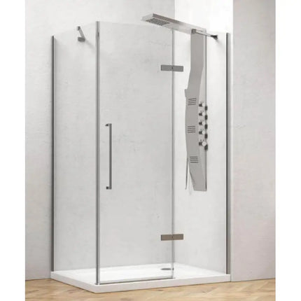 Box doccia angolare anta battente cristallo 8mm anticalcare H200cm con colonna doccia idromassaggio e piatto bianco