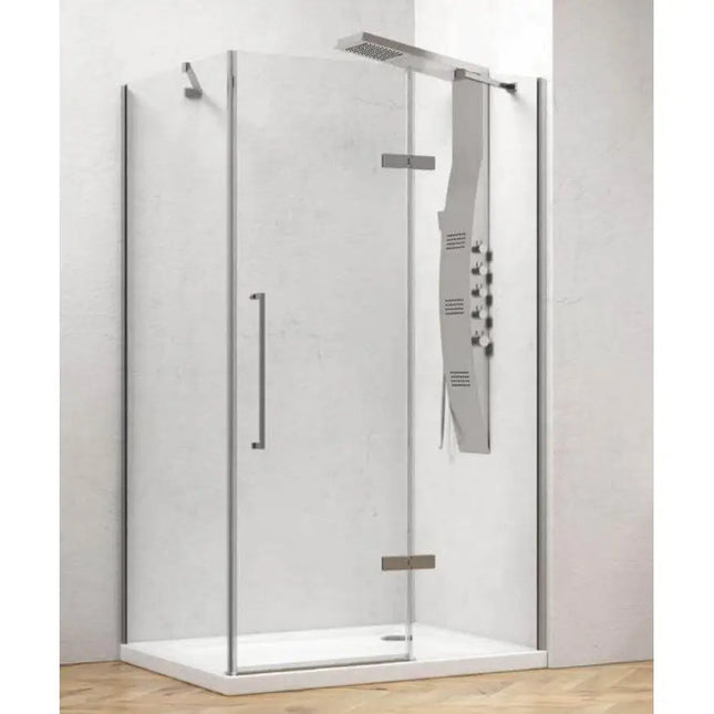 Box doccia angolare anta battente cristallo 8mm anticalcare H200cm con colonna doccia idromassaggio e piatto bianco