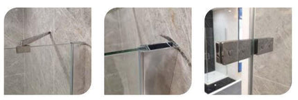 Dettagli cerniere e profili cromati del box doccia battente 8mm anticalcare H200cm in tre inquadrature ravvicinate