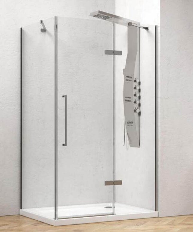 Box doccia battente 8mm trasparente anticalcare H200cm vista frontale con maniglione verticale e lato fisso