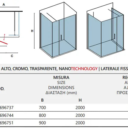 Tabella misure e regolazione del lato fisso cromo trasparente nanotechnology del box doccia battente H200cm